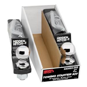 Hidden Hitch - Hidden Hitch Towing Starter Kit, w/Quick-Loading 2" Sq. Ball Mount, 7,500 lbs. GTW, 1" Ball Hole, 8-1/2" Length, 3/4" Rise, 2" Drop & 2" Chrome Hitch Ball w/Pin & Clip (2-Pack)